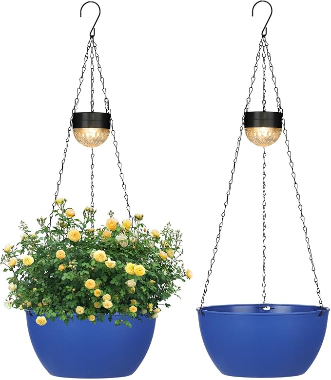 SUNNYPARK 2 Packs Hanging Planters Basket for Outdoor Plants, Solar Powered Self Watering Blue Round Plastic Flower Pots with Drainer for Balcony Patio Garden Outdoor Decoration SUNNYPARK