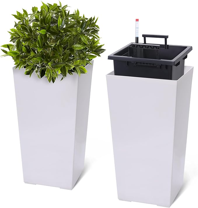 Garvee 22.5" Tall Planters Set of 2, Outdoor＆Indoor Black Planter Pots, High Front Porch Planter Pots with Drainage Holes＆Water Level Monitor＆Inner Bucket,White Garvee