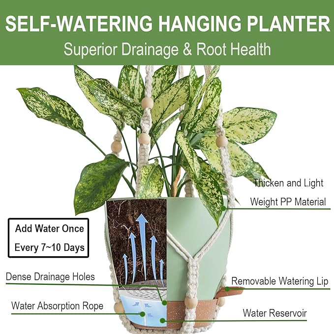 Self Watering Hanging Planters for Indoor Plants 3 Pack Macrame Plant Hangers with Drainage Holes Pots and Hooks for Home Garden Decor Green Bouqlife