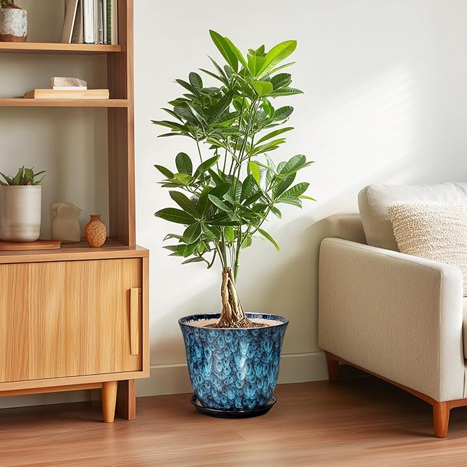 10 Inch Plant Pot - Ceramic Planter with Drainage Hole and Saucer, Round Flower Pots for Indoor Outdoor, Modern Decorative Planter for Plants, Home Office Decor, Plant Lover Gifts, Blue SUNPOTFOR
