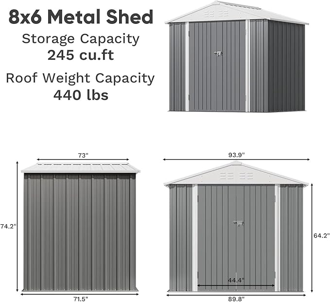 Greesum 8×6FT Outdoor Storage Shed, Metal Patio Storaged Sheds with Lockable Doors, Sheds & Outdoor Storage for Bike, Backyard, Pool and Garden, Gray BuynowfromGreesum