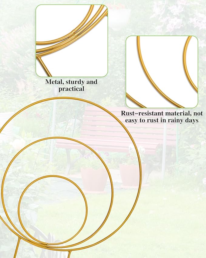 3 Pack Premium Round Plant Trellis Indoor, Small Metal Plant Support Stake for Climbing Plants, Different Sizes Gold Garden Trellis for Ivy and Flowers Outdoor Whtawtaw