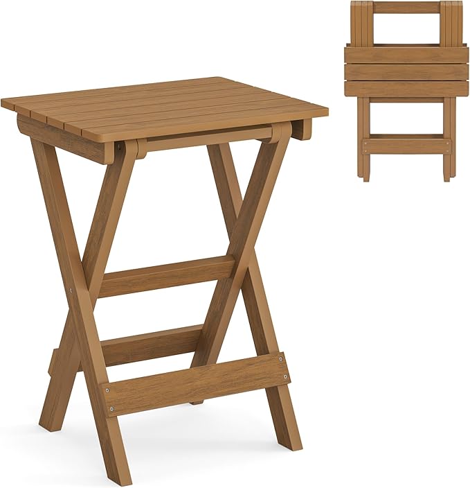 LUE BONA 27 inch Folding Side Table, HDPS Outside End Table for Patio, Porch, Deck, Pool, Weather Resistant, Teak Color Oil Printed LUEBONA