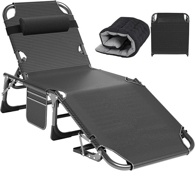 ABORON Heavy Duty Tanning Chair, 5-Gear Outdoor Folding Chaise Lounge Chair with Cushion,Portable Beach Lounge Chair for Outdoor Sunbathing Patio Pool Lawn Deck Poolside ABORON