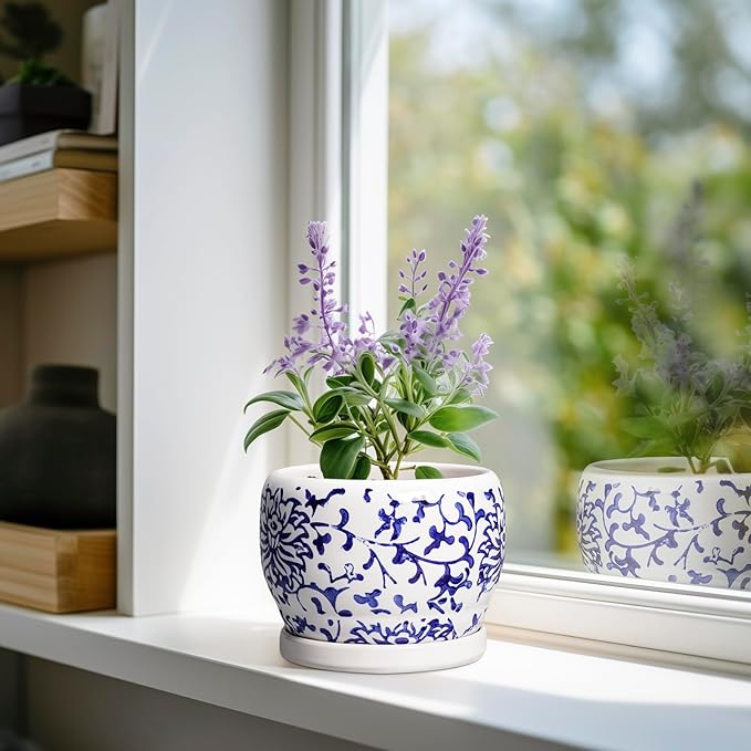 SQOWL 6 Inch Planter - Ceramic Plant Pots Indoor with Drainage Hole and Saucer, Round Ceramic Flower Pot Outdoor, Porcelain Decorative Planter, Backyard Decor, Gifts for Plant Lovers, Blue and White SQOWL