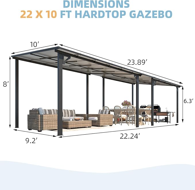 AECOJOY 10' x 24' Gazebo for Patio, Large Wall-Mounted Hard Top Lean-to Gazebo Pergola with Roof 24' x 10' on Clearance, Heavy Duty Patio Awnings for Decks, Backyard AECOJOY