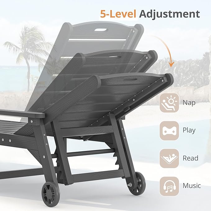 LUE BONA Outdoor Chaise Lounge Chairs Set of 4, HDPS Chaise Lounger, 5 Positions Adjustable Lounge Chairs, Pool Lounge Chair with Wheels for Poolside, Dark Gray LUEBONA