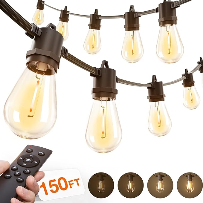 addlon 150FT LED Outdoor String Lights with Remote Dimmable Patio Lights with Timer & 3 Lighting Modes, 48 Shatterproof Edison Bulbs, Waterproof Shatterproof Hanging for Outside Backyard Porch Party addlon