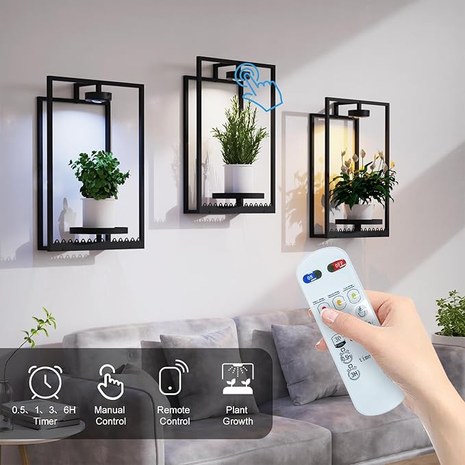 Shineled Wall Plant Holder, Indoor Plants Holders with Remote Grow Lights, Plant Shelves Hanging Planters, Framed Plants Holder for Living Room, 2 Pack Shineled