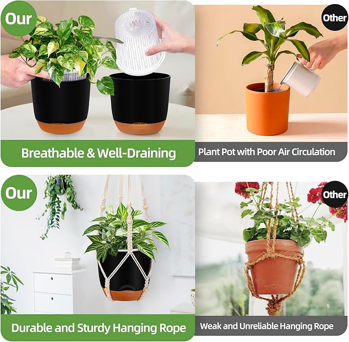 2-Pack 7.2-Inch Self-Watering Hanging Planters for Indoor & Outdoor Plants,34-Inch macrame hanger plant pots indoor with drainage,Small Hanging Planters & Baskets in Black,With two sets of hooks QCQHDU