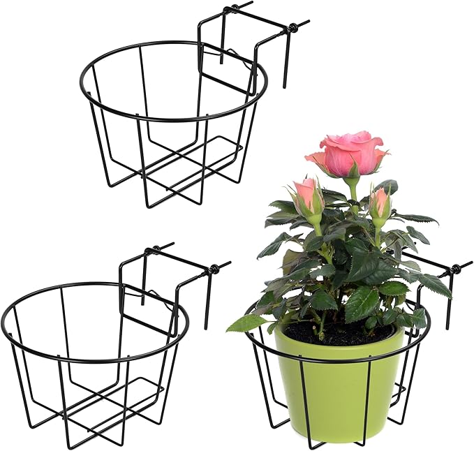 TQVAI 10 Inch Railing Planter - Fit for 1.5 to 3.5 Inches Railing - Adjustable Hanging Planters Outdoor Balcony Deck Flower Pot Holder Metal Baskets for Garden Orchid, Patio Ledge, 3 Pack, Black TQVAI