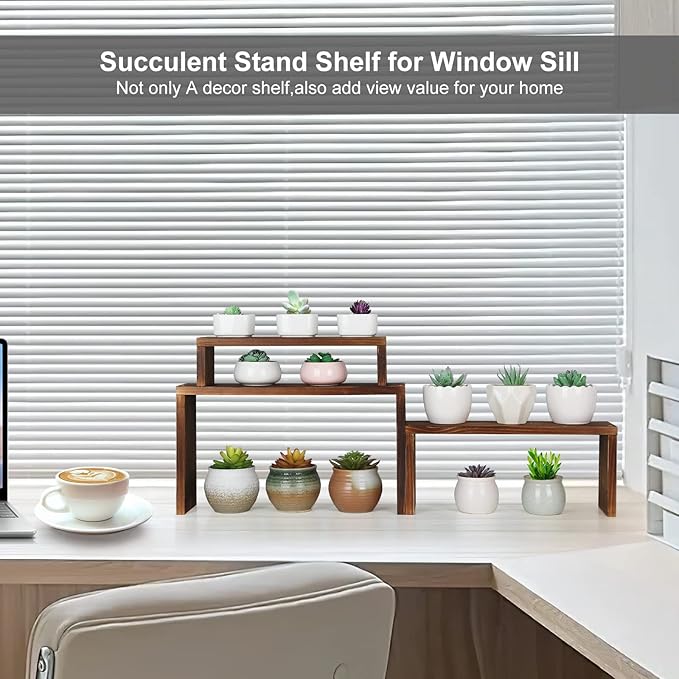 Desk Plant Stand Windowsill Plant Shelf 3 Tiers Wooden Tabletop Plant Shelves Small Countertop Desktop Shelf for Succulent Cupcake Stands Spice Rack COOGOU