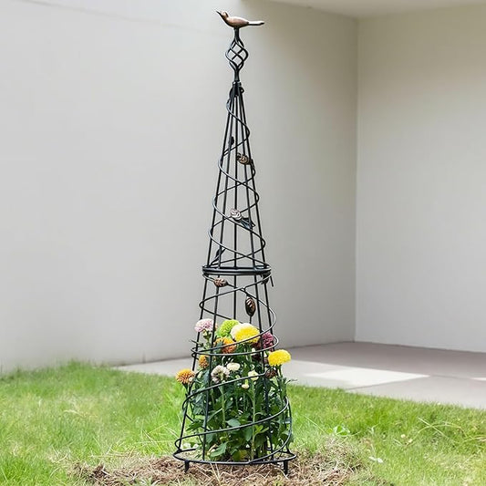 Garden Obelisk 40.5 Inch Metal Trellis for Climbing Plants - Sturdy Support for Rose Bushes & Tall Vines, Featuring Decorative Bird and Leaf Elements, Perfect for Garden Decor Goooxim