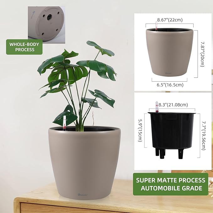 Dexceder 9x8 Inches Self Watering Planter Indoor Outdoor, Inner Pot Design, Thickened Table Flower Plant Pot with Water Level Indicator (Taupe Matte) Dexceder