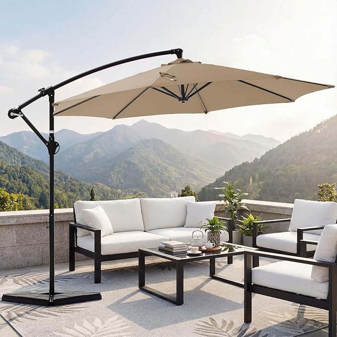 OLIXIS Offset Patio Umbrella, 9.7FT Cantilever Table Umbrellas for Outdoor Sun Shade UV Protection with Easy Tilt Adjustment, 8 Ribs for Backyard, Lawn, Garden, Pool - Khaki OLIXIS