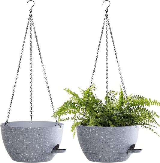 10 Inch Hanging Baskets 2 PC with Chains, Self-Watering Hanging Planters for Indoor Outdoor Plants, Plastic Hanging Flower Pots,Speckled Grey SQKH