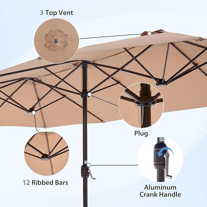 DUMOS 15FT Large Patio Umbrella with Base Included, Heavy Duty Extra Wide Outside Umbrella with 12 Ribbed Bars, Rectangle Outdoor Table Umbrella for Patio, Backyard, Pool, Deck & Garden,Khaki DumosLifestyle