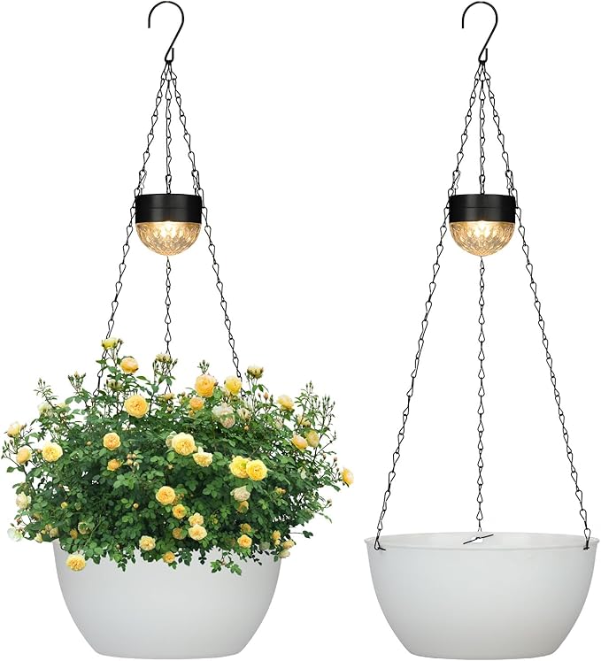 SUNNYPARK 2 Packs Hanging Planters Basket for Outdoor Plants, Solar Powered Self Watering White Round Plastic Flower Pots with Drainer for Balcony Patio Garden Outdoor Decoration SUNNYPARK