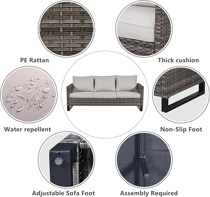 Belord 7 PCS Outdoor Furniture Set, Mixed Grey Wicker, Beige Cushion, Includes Swivel Rocker Chairs, Sofa, Ottomans, Water-Resistant Belord