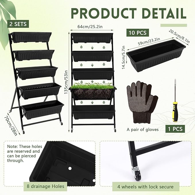 2 Pack 5-Tier Vertical Garden Planter 4.5 ft Tall Raised Garden Bed with Lockable Wheels & Drainage, Removable Elevated Herb Vegetable Flower Planter for Patio Deck Indoor Outdoor(Black) Briwooody