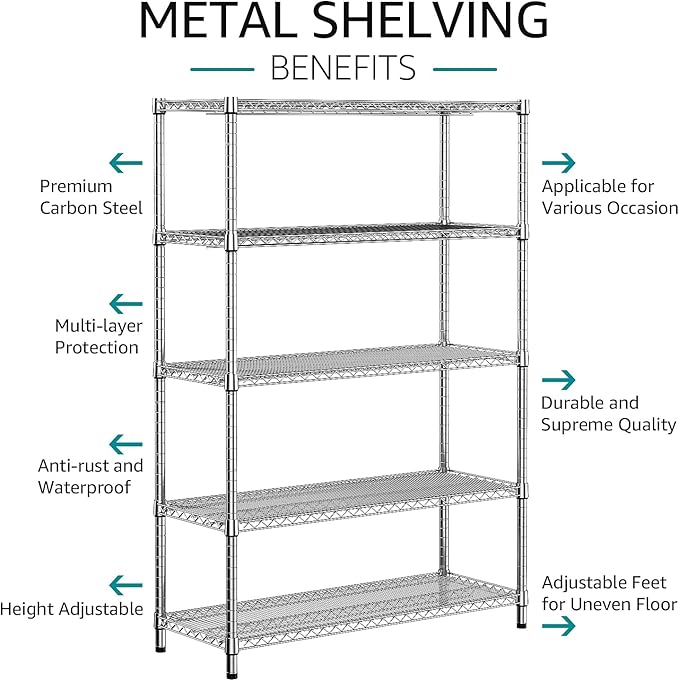 IZEUK 4250 LBS Garage Shelving Wide Storage Shelves 5 Tier Metal Shelves Heavy Duty Adjustable Utility Shelf Rack Chrome 17.7" D x 47.2" W x 70.4" H IZEUK