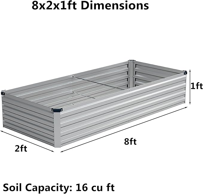 8x2x1 ft(2 Pack) Galvanized Raised Garden Bed,Outdoor Planter Box Metal Patio Kit Planting Bed for Vegetables Flowers and Succulents,Silver Zunatu