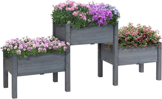 Outsunny Raised Garden Bed with 3 Planter Box, Elevated Wooden Plant Stand with Drainage Holes, for Vegetables, Herb and Flowers, Gray Outsunny