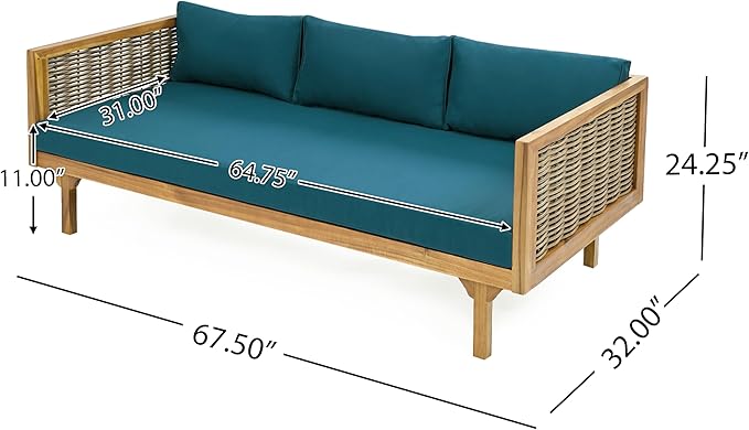 Merax 67.5" Outdoor Patio Daybed 3 Seater Sofa Bed,Acacia Wood Frame with Rattan Arm,Cushion & Pillow for Courtyard Merax