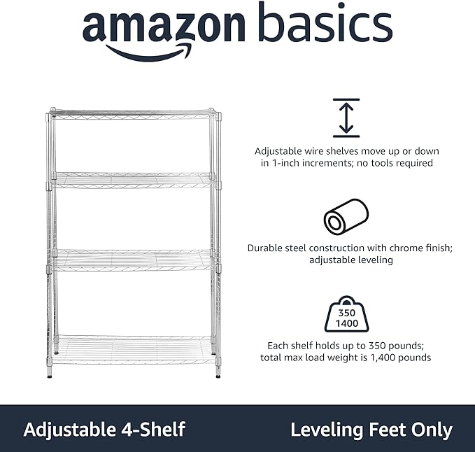 Amazon Basics 4-Shelf Adjustable Heavy Duty Steel Wire Rack Storage Shelving Unit for Kitchen, Garage, Easy Assembly, 350 lbs Per Shelf, 36" x 14" x 54", Chrome Silver AmazonBasics
