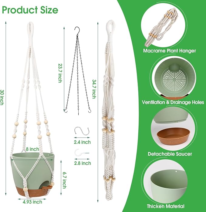 Hanging Planters for Indoor Outdoor Plants, 2 Pack Self Watering Hanging Pot with Drainage Holes, Removable Tray & 2 Kinds of Plant Hangers, 8'' Hanging Flower Pots for Home Garden Decor, Green Vanslogreen