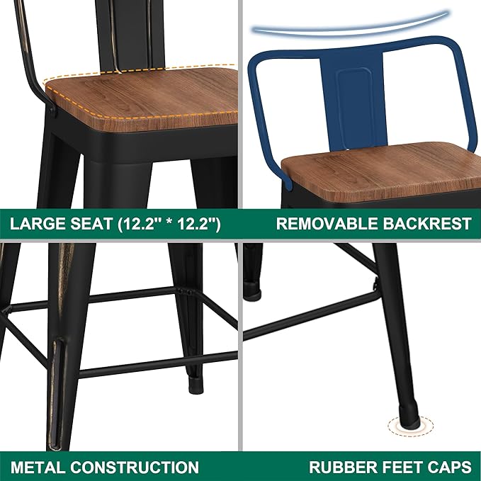 WENTMENT Bar Stools Set of 4 Counter Height Bar Stools Metal Barstools with Removable Back 30" Kitchen Bar Stools with Wooden Seat, Distressed Black WENTMENT