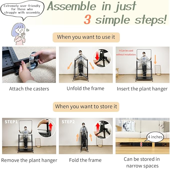 lumizone Foldable 4-Tier Plant Stand Indoor Outdoor Hanging Plant Shelf No Assembly Required Pot Placement Area With Wheels Sturdy Fall Prevention Storage Shelf Flower Pot Stand(4 Tier-White) Lumizone