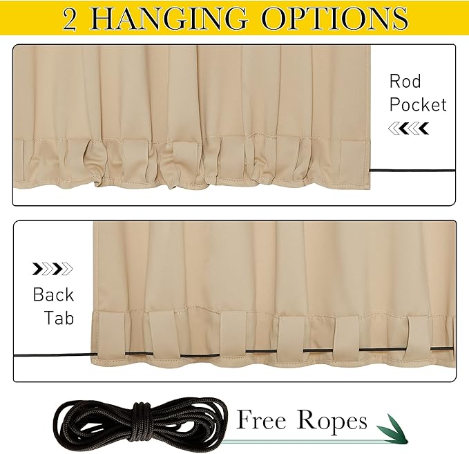 NICETOWN 2 Panels Biscotti Beige Privacy Outdoor Curtains for Patio, Waterproof Thermal Insulated Grommet & Back Tab on Top and Bottom Windproof Drapes with Fixed Rope for Porch, W52 x L120 NICETOWN