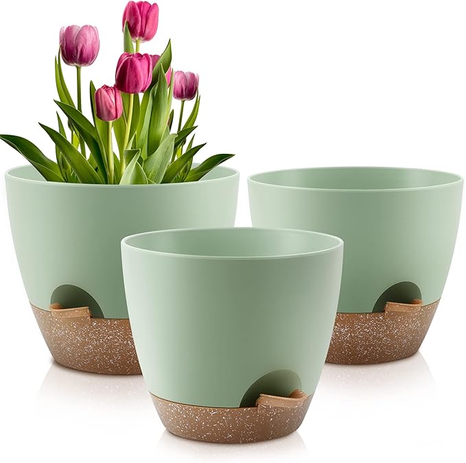 Plant Pots 10/9/8 Inch Self Watering Pots, Set of 3 Plastic Planters with Drainage Holes and Saucers,Plastic Flower Pots,Nursery Planting Pot for Indoor Out Door Plants（Green） QRRICA