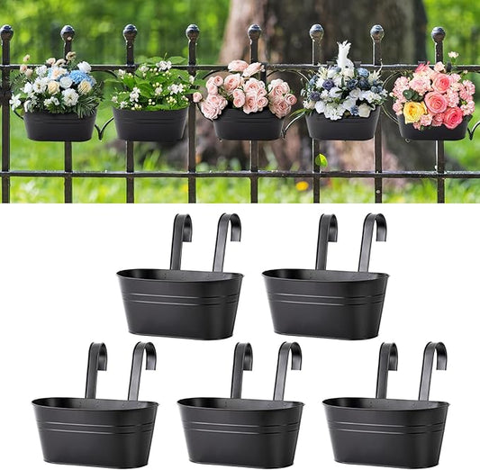 5 Pcs Iron Hanging Flower Pots 11 Inch Hanging Planters for Outdoor Plants Metal Hanging Bucket Pots Iron Railing Fence Planter with Drainage Holes and Hooks for Porch Railing Balcony Fence(Black) Zishine