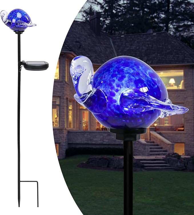 Afirst Decorative Solar Lights Outdoor Solar Turtle Stake Lights Hand Blown Glass Decorative Garden Pathway Light Outdoor Waterproof Glass Stakes Blue Afirst