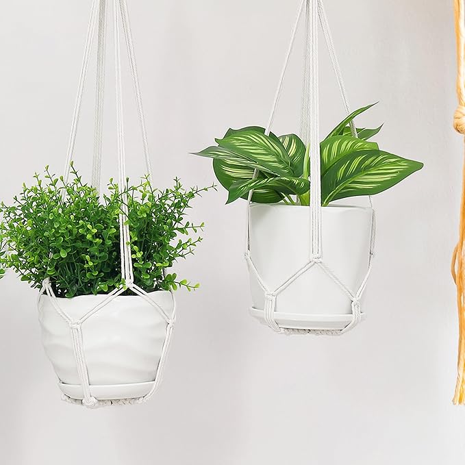 YIBOT Macrame Plant Hanger Indoor Set of 2 with 2 S Hooks, Indoor Outdoor Hanging Planter for Plants Holder with Decorative No Tassels, Boho Home Decor, 35 Inch, Ivory (Pots Not Included) YIBOT