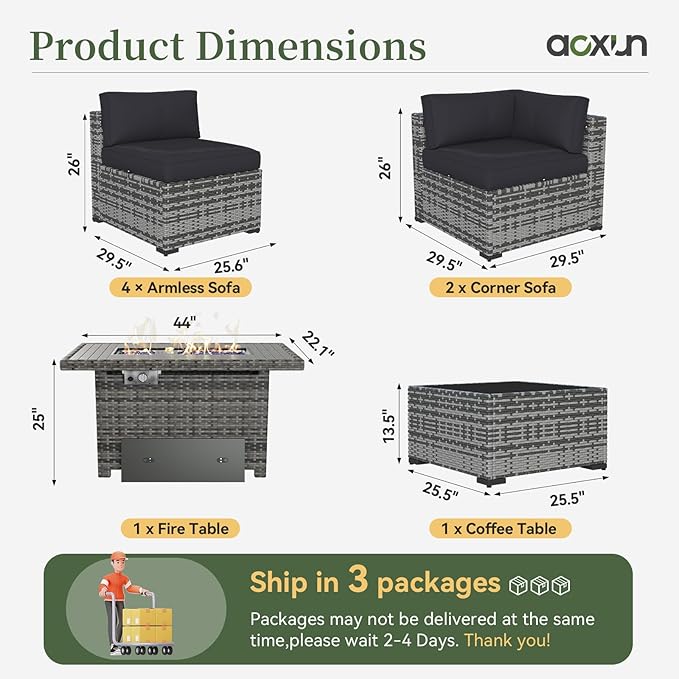 Aoxun 8 Piece Patio Furniture Set with 44'' Fire Pit Table Wicker Rattan Patio Conversation Set Outdoor Sectional Sofa Set with Coffee Table, Grey/Black (Waterproof Cover Included) Aoxun