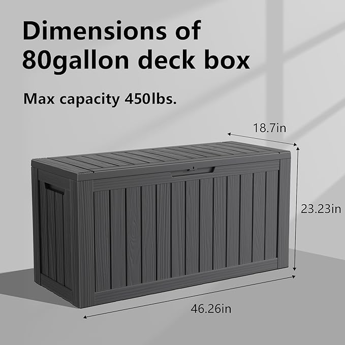 80 Gallon Outdoor Deck Box, Lockable Waterproof Outdoor Storage Boxes For Garden Tools,Indoor Cushions,Accessories Outside Storage Resin Weatherproof Container(Black) MAIUSCOLI