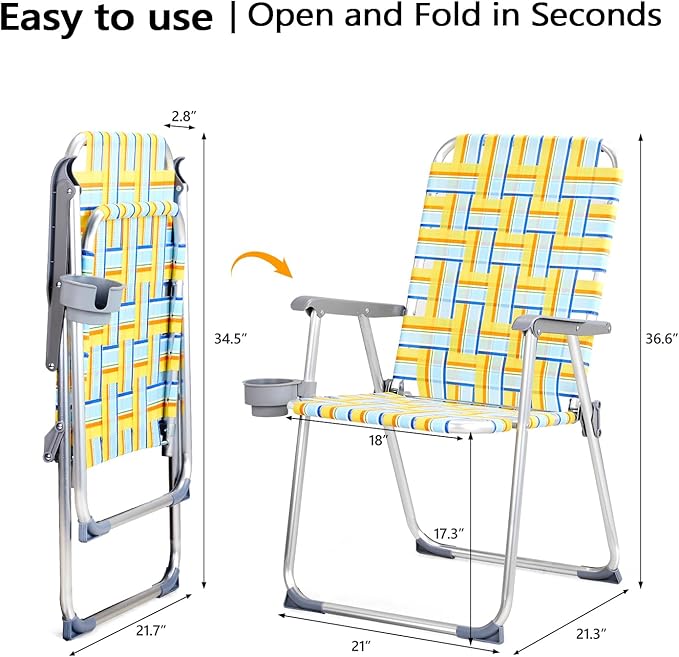 VINGLI Aluminum Patio Lawn Chairs Folding Set of 2 with Detachable Cup Holder, Webbed Beach Chair Folding Chair Outdoor Portable Camping Chair for Yard, Garden VINGLI