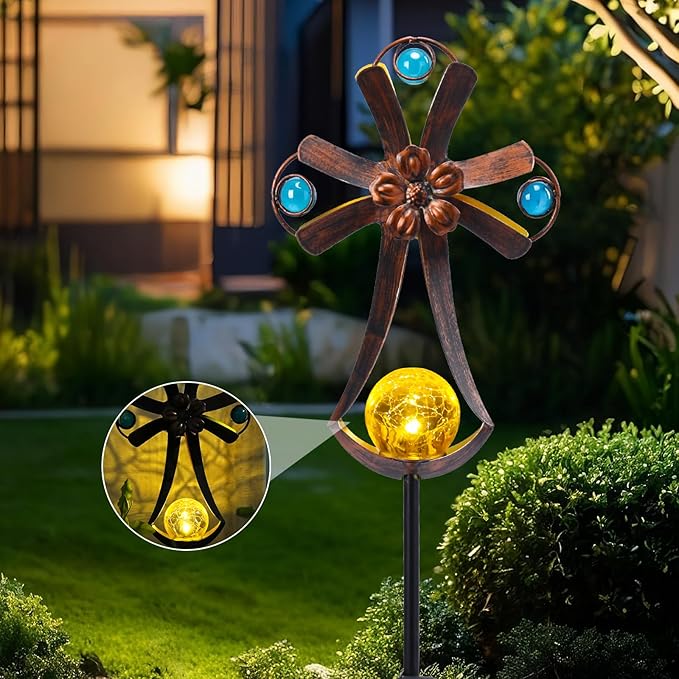 VCUTEKA Solar Garden Lights Cemetery Metal Flower Decor Colorful Solar Pathway Light with LED Cracked Crystal Ball Outdoor Decorative Stake for Patio Yard Lawn Garden Decor (Cross) VCUTEKA