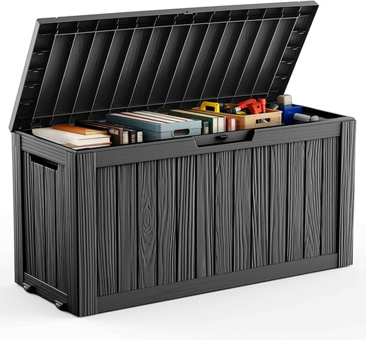 DRATO 75 Gallon Deck Box, Waterproof Resin Large Outdoor Storgae Box for Patio Furniture, Patio Cushions, Gardening Tools, Pool Supplies, Lockable（Black，75 Gallon） DRATOprovidesawarmandcozy