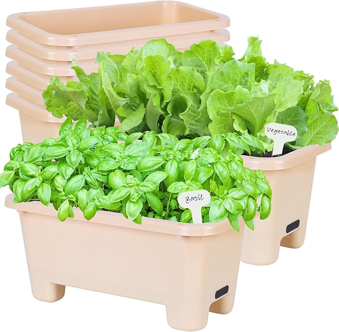 Self-Watering Rectangle Planter Boxes 8-Pack, 15.7-Inch Window Box Planter with Drainage Holes & Trays, Pots for Vegetables, Herbs, Flowers, Garden Windowsill Balcony (Yellow) Oliz