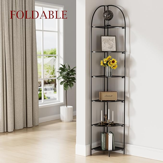 Crofy Foldable 6 Tier Corner Shelf, Metal Corner Plant Stand with Black Frame and Black Shelves, Corner Display Rack Multipurpose Shelving Unit for Living Room, Bedroom, Bathroom CrofyLLC