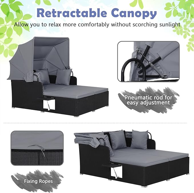 Tangkula Patio Rattan Daybed with Retractable Canopy, Outdoor Wicker Sunbed Lounger with 2 Foldable Side Tables, Thick Seat & Back Cushions, Outside Double Daybed for Garden, Backyard, Porch (Grey) TANGKULA
