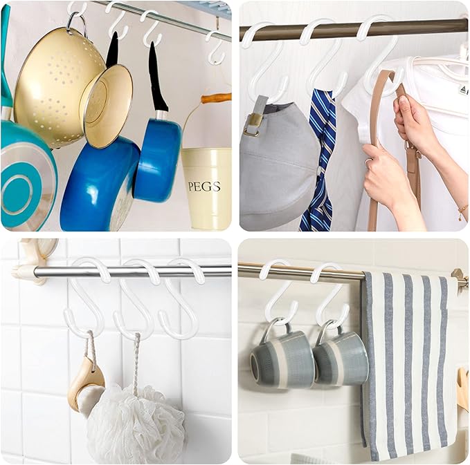 20 Pack Vinyl Coated S Hooks for Hanging,Heavy Duty S Hook for Hanging Plants,Non Slip 3 Inch Closet S Hooks,Steel Metal White Vinyl Coated Small Hook for Jeans Pots and Pans Coffee Cups DINGEEUtilityHook
