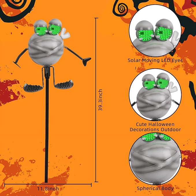 Halloween Pathway Lights 38.2" with Realistic Eye Movement, Mummy Halloween Lawn Stakes for Cute Outdoor Decorations with Solar Eyeball Lights YHSOLAR