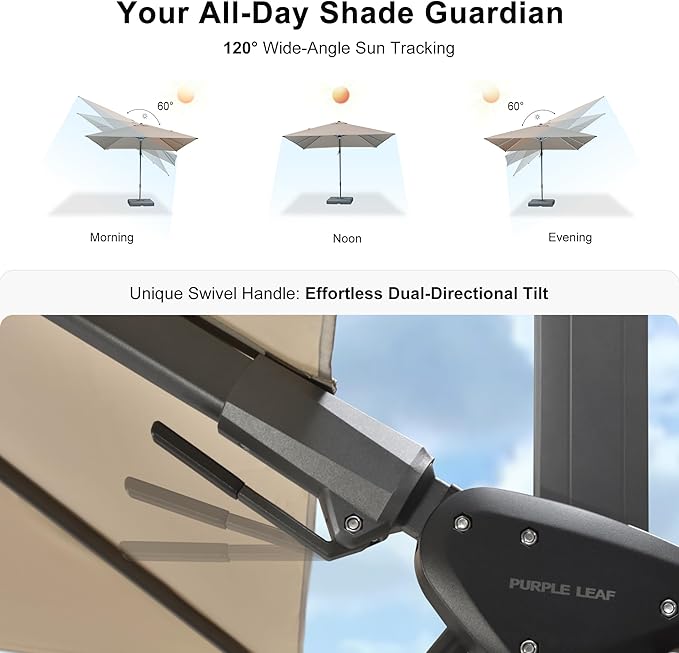 PURPLE LEAF 10 Feet Patio Umbrella with Base Outdoor Cantilever Solar Powered LED Swivel Square Umbrella Aluminum Offset Umbrella with 360-degree Rotation for Garden Deck Pool Patio, Beige PURPLELEAF