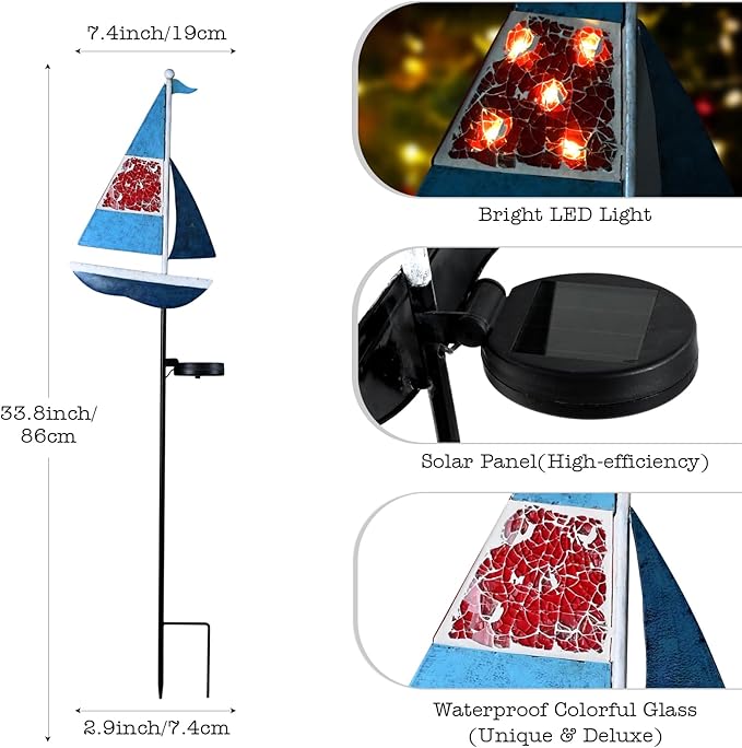 Solar Garden Lights Sailboat Stake Decor-Yard Outdoor Statue Decorations Waterproof 5 LED Metal Landscape Lighting Flower Bed,Pond,Yard,Lawn Gift for Mom Grandma Women Yiosax