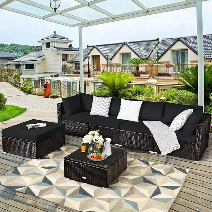 Tangkula 6 Piece Patio Furniture Set, Outdoor Deck Lawn Backyard Durable Steel Frame PE Rattan Wicker Sectional Sofa Set, Conversation Set with Coffee Table (Black) TANGKULA